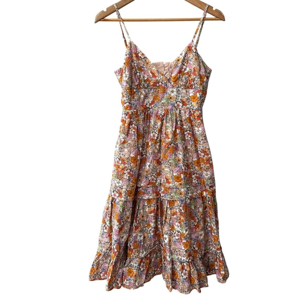 Anthropologie Maeve V Neck Spaghetti Straps Floral Open Back Orange Dress Size 2 - Picture 2 of 10